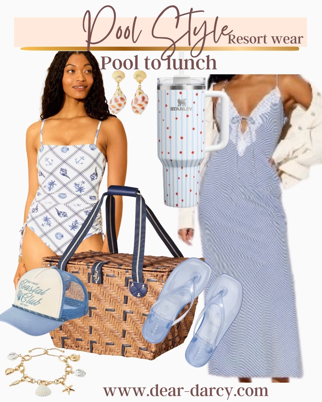 Pool or beach style

Sea shell one pieces swim suit tts 

Picnic basket 
Coastal ball cap 
Maxi sundress 
Things 
Stanley star tumbler on sale 

Sea shell necklace 
Sea shell earrings

#LTKootd #LTKOver40 #LTKTravel