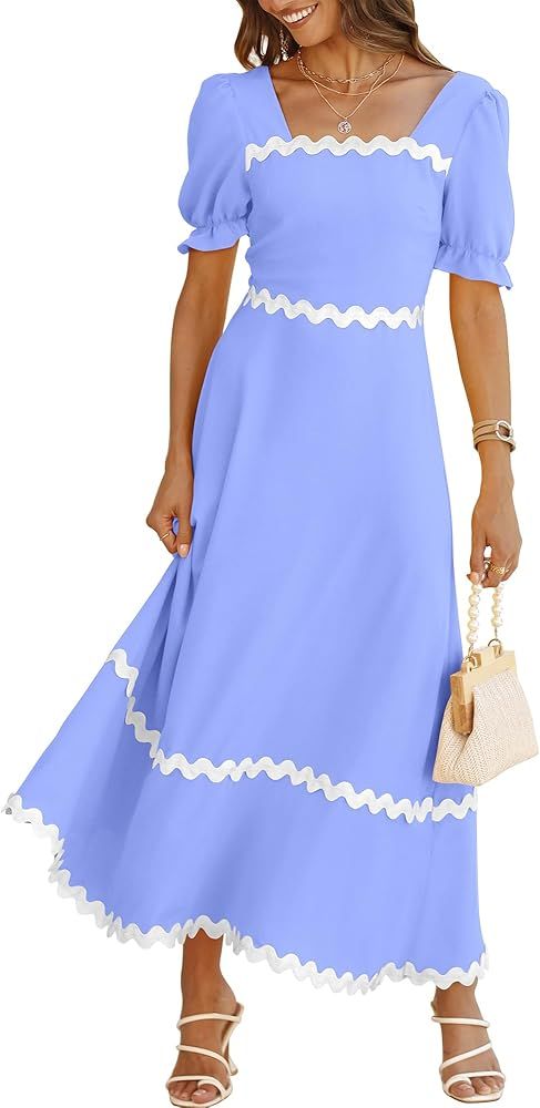 BTFBM Women's 2024 Summer Square Neck Short Puff Sleeve Dress Casual RIC Rac Tie Back Smocked A L... | Amazon (US)