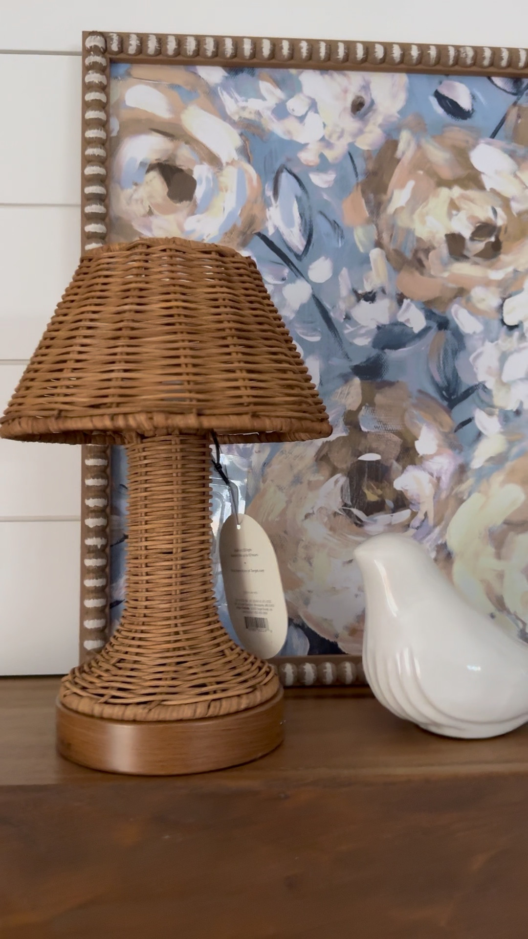 I’m loving this new rattan portable lamp. 🤎 Still trying to decide where to put it but that’s what I love about these lamps, you can move them around!  The ceramic bird is so pretty for spring. 🤍 The framed hydrangea print is from Dollar General last year. You never know what you’ll find there!  

#LTKFindsUnder50 #LTKHome