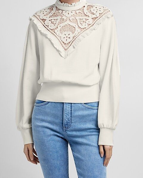 Ruffle Lace Mock Neck Sweatshirt | Express