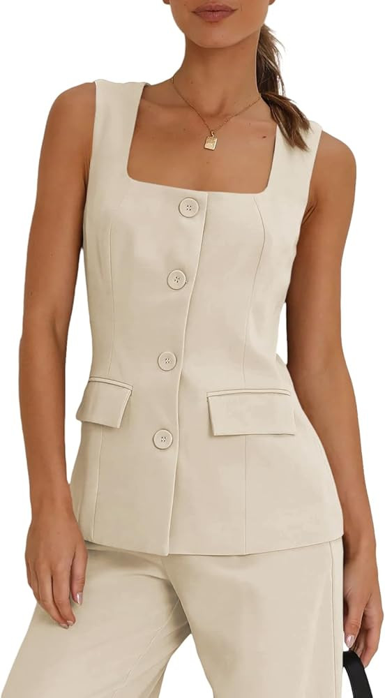 Tankaneo Women's Single Breasted Vests Square Neck Sleeveless Slim Fitted Work Office Waistcoats | Amazon (US)