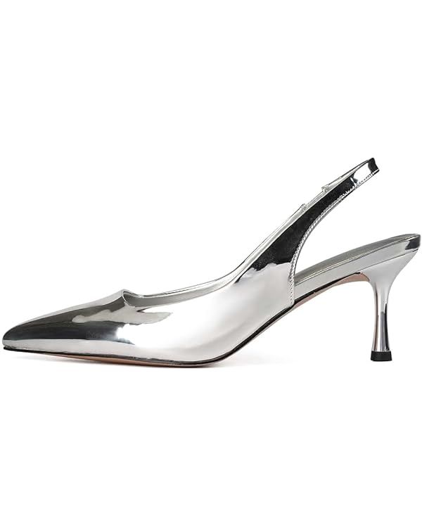 Women Slingback Pumps Shoes Slip On Kitten Heel Office Shoes Pointed Toe Work Dress Shoes Silver | Amazon (US)