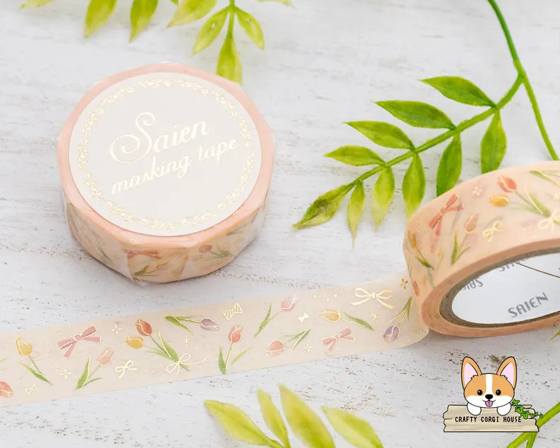 1 roll | 15mm | Kamiiso SAIEN | Spring Gold Foil Washi Tape ROLL | Tulips | Etsy (Global)