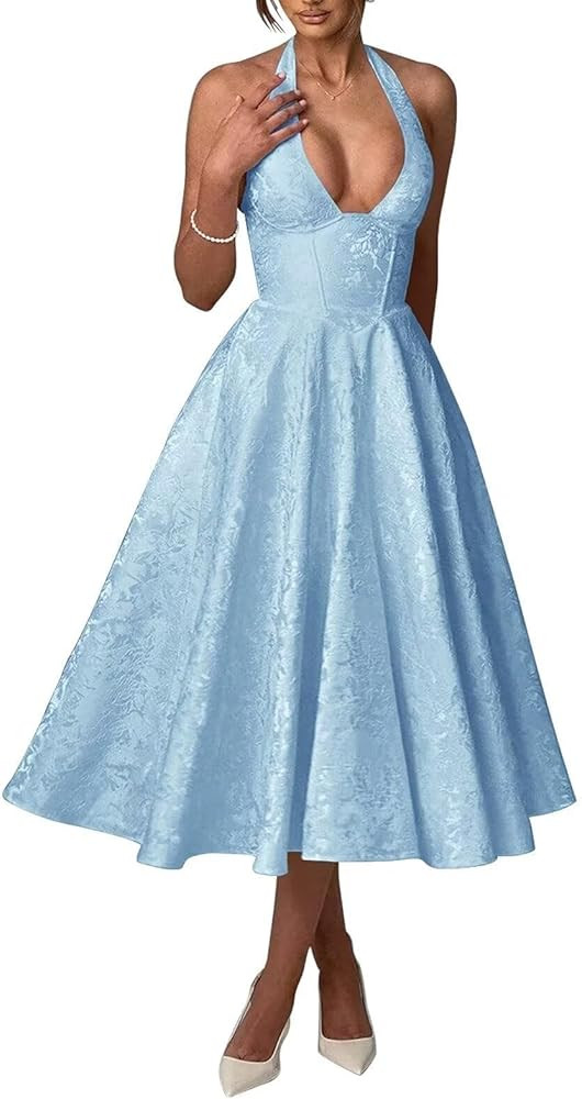 Bow Tea Length Prom Dress for Women Embroidery Satin Evening Party Gown A Line Corset Cocktail Dr... | Amazon (US)
