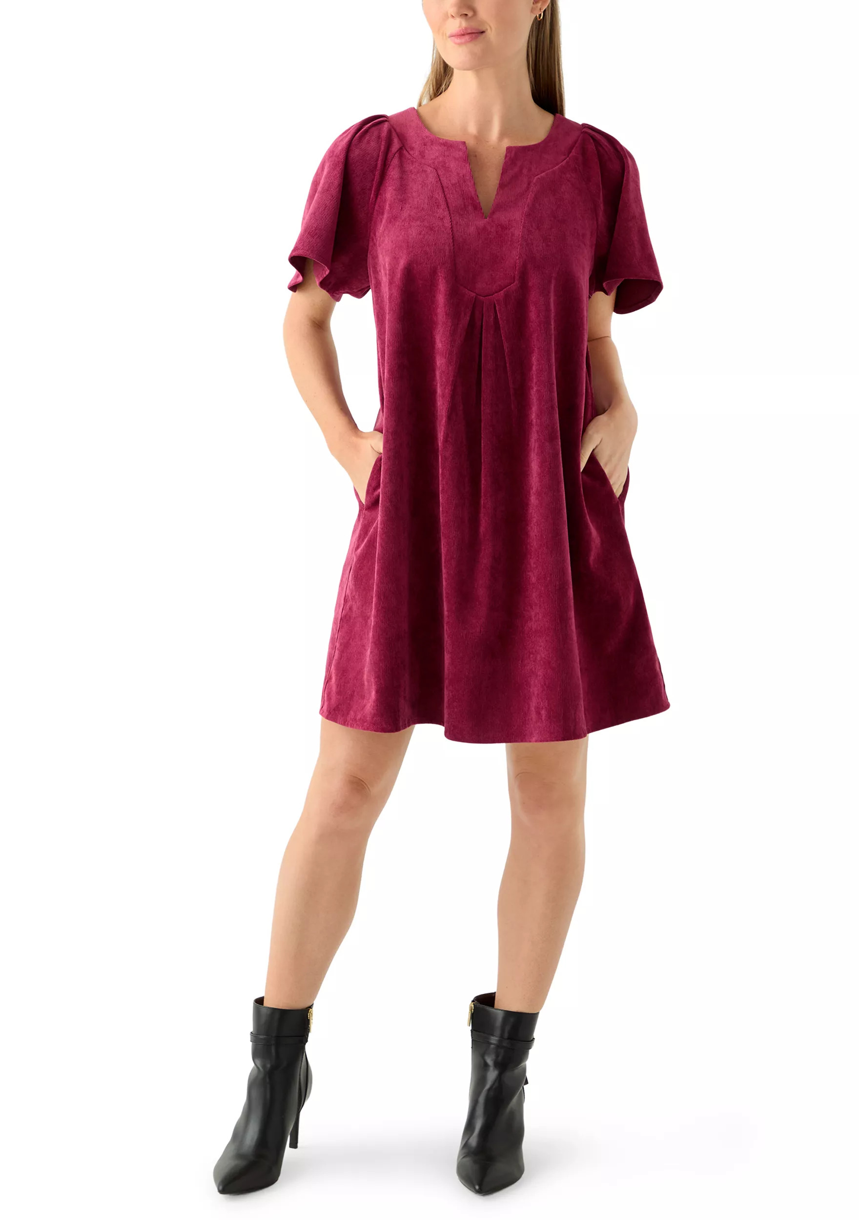 Petite Flutter Sleeve V-Neck Dress | Belk