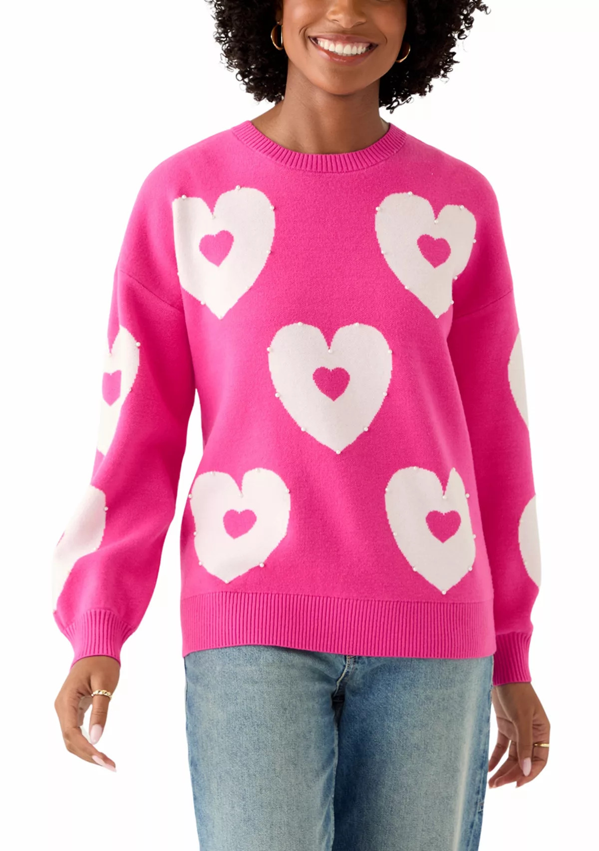 Women's Pink Heart Crew Neck Sweater | Belk