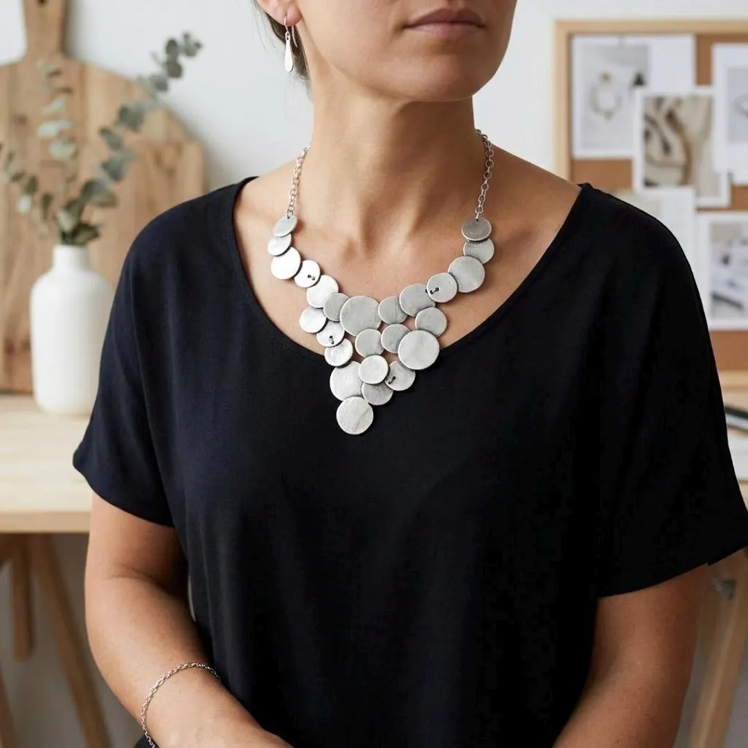 Silver Hammered Disk Bib Necklace, Layered Geometric Boho Statement Jewellery | Etsy (Global)