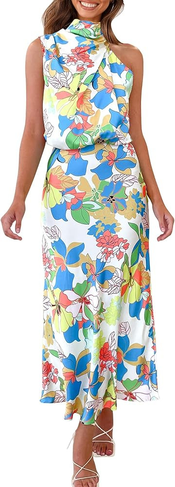 PRETTYGARDEN Women's 2025 Summer Satin Dress Elegant Sleeveless Mock Neck Cocktail Party Maxi Dre... | Amazon (US)