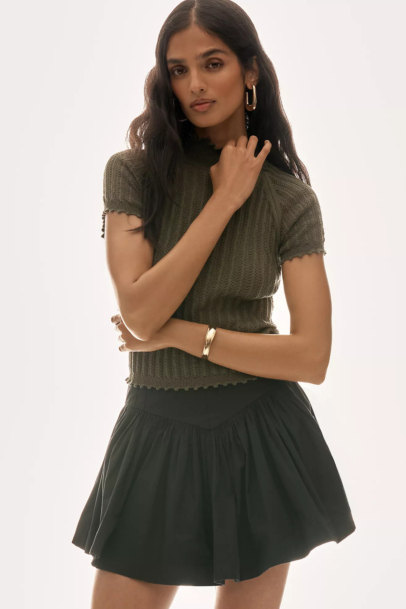 By Anthropologie Mock-Neck Pointelle Ruffle-Trim Sweater Tee | Anthropologie (US)