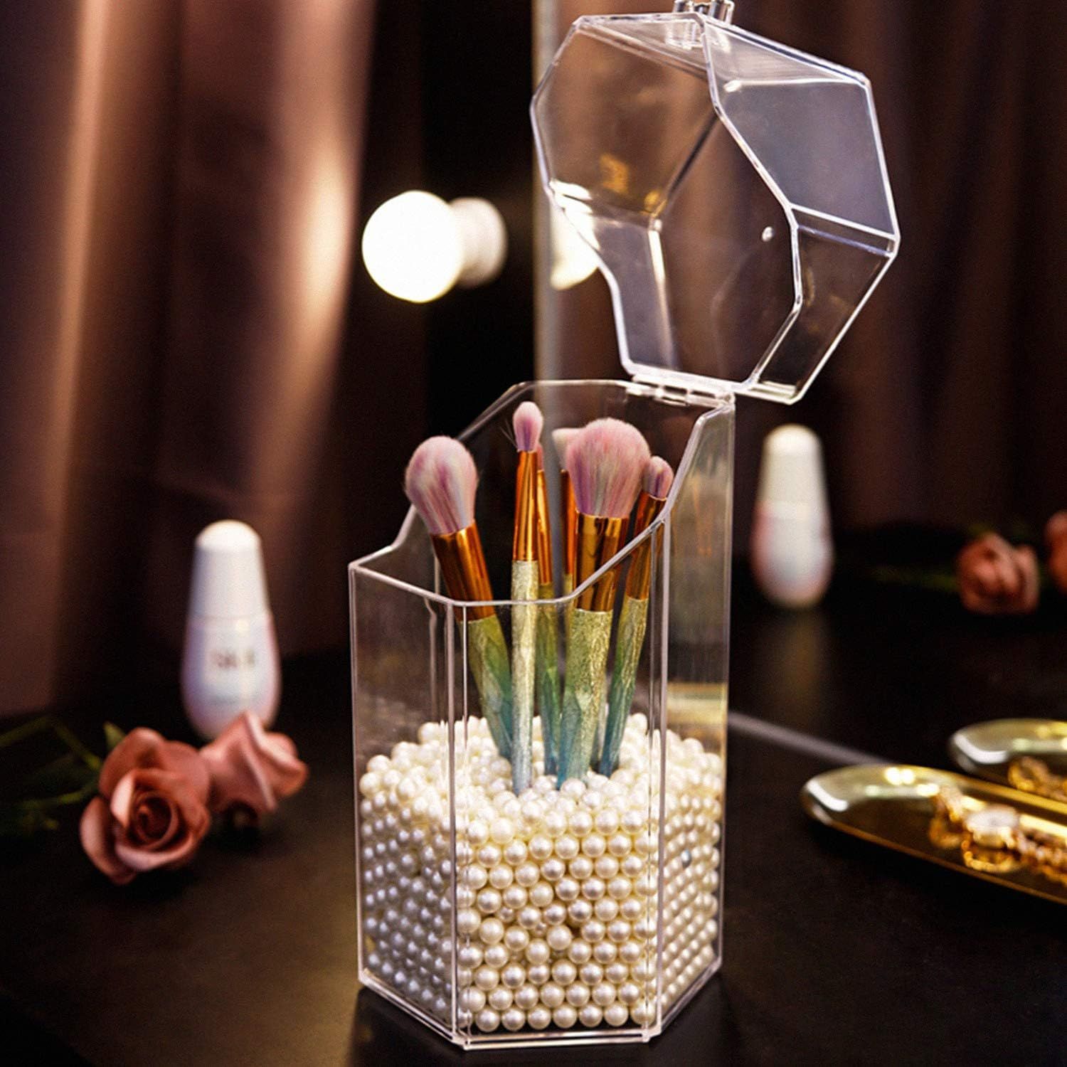 PuTwo Makeup Brush Holder with 1500 Pearls, Transparent Makeup Organizer, Hexagon Makeup Brush Or... | Amazon (US)