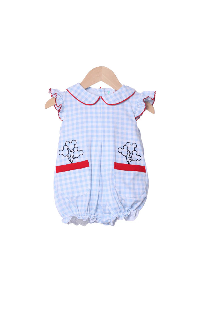 Embroidered Magical Balloon Blue Gingham Knit Bubble | The Smocked Flamingo