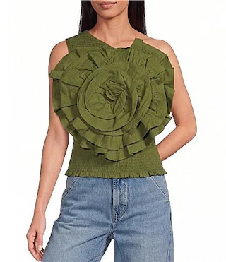 Farm Rio Woven Green One-Shoulder Sleeveless Floral Applique Blouse -  S | Dillard's