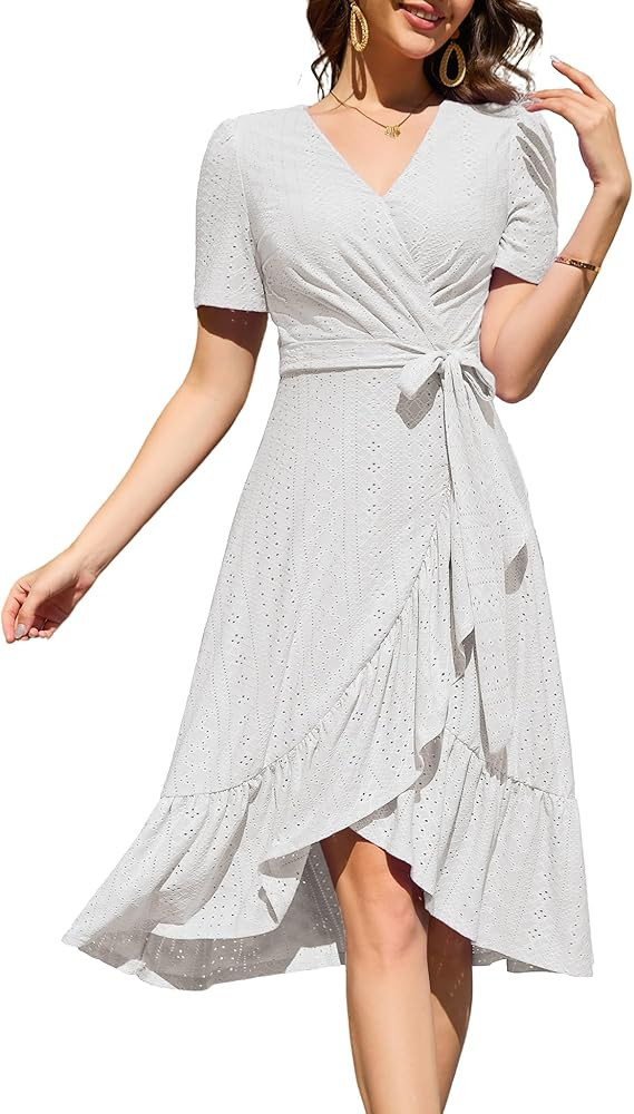 Dressystar Women Eyelet Summer Dress Short Sleeve V Neck Ruffle Wrap Spring Wedding Guest Sun Vac... | Amazon (US)