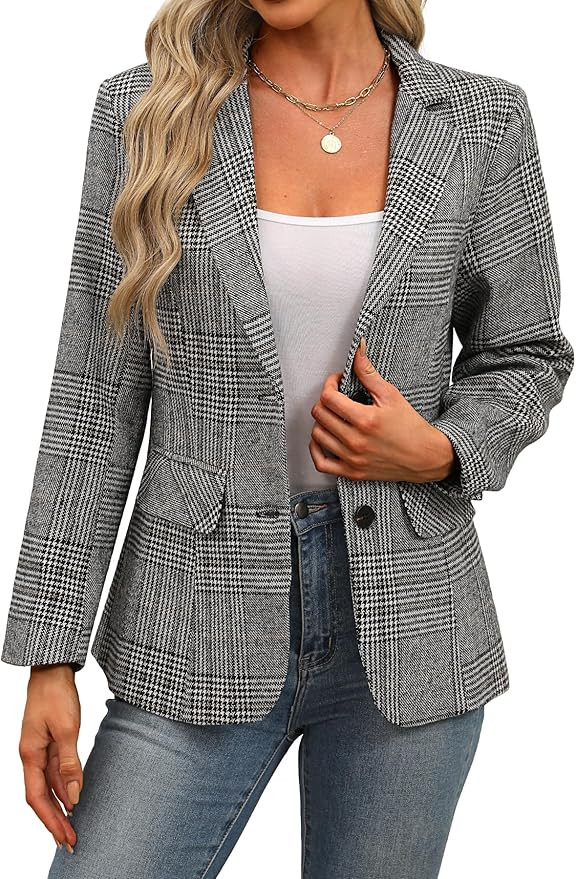 ELLEVEN Women's Lapel Collar Plaid 2 Button Boyfriend Blazer Suit Houndstooth Work Office Blazer ... | Amazon (US)