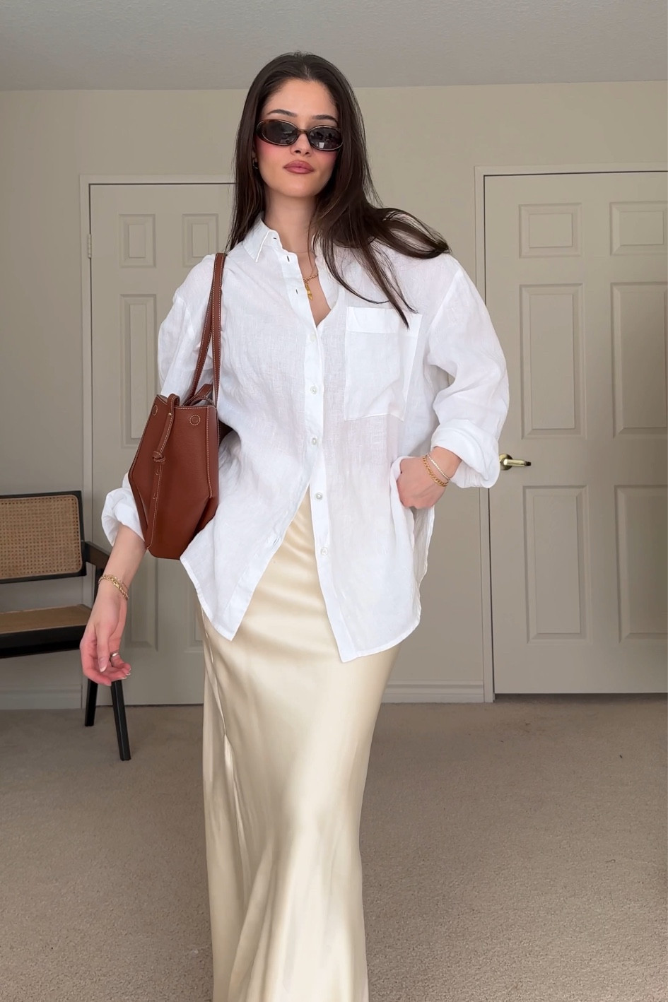 Modest summer outfit with white linen button up and satin skirt. Girly, Parisian, summer outfit with a maxi skirt  