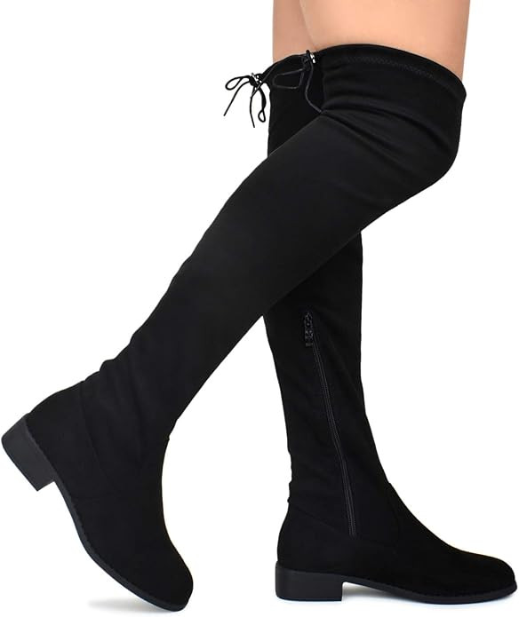 Premier Standard - Women's Fashion Comfy Vegan Suede Block Heel Side Zipper Back Lace Thigh High ... | Amazon (US)