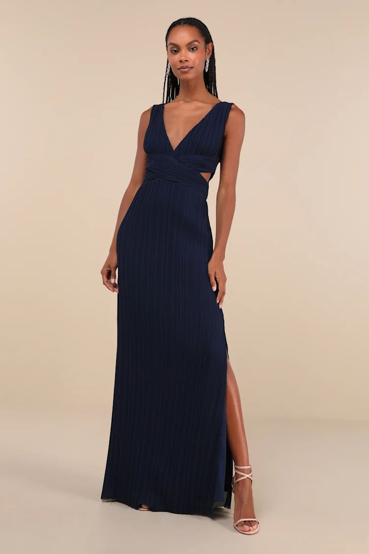 Compelling Poise Navy Blue Plisse Cutout Sleeveless Maxi Dress | Lulus