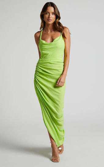 Khari Midi Dress - Strappy Back Ruched Slip Dress in Lime | Showpo (ANZ)