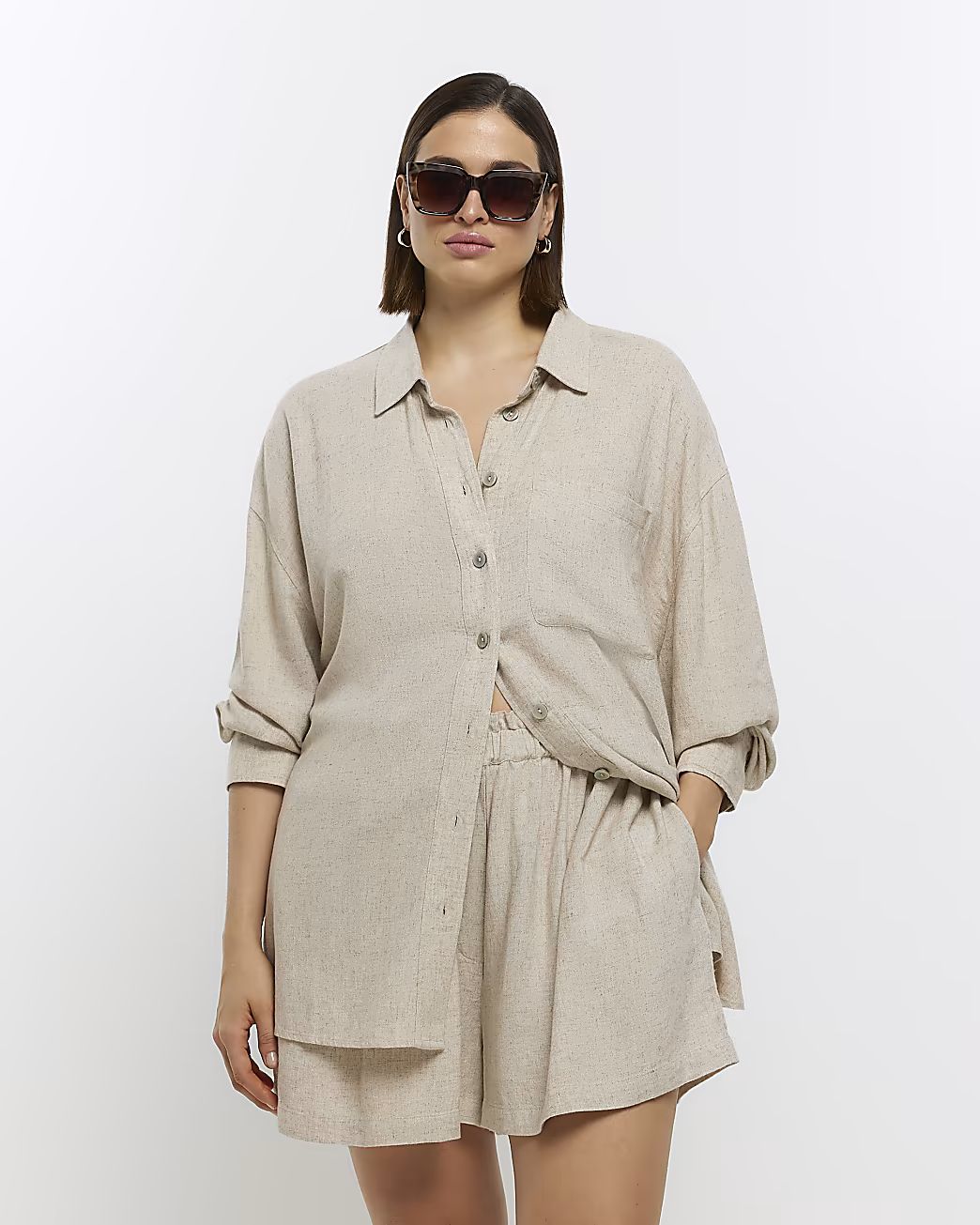 Plus stone oversized shirt with linen | River Island (UK & IE)