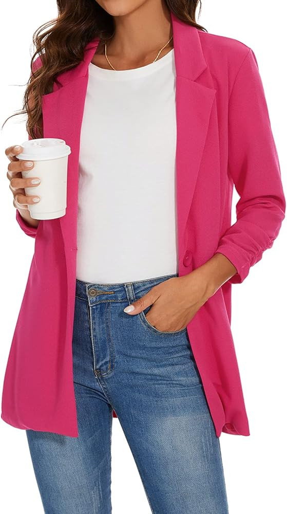 Unifizz Women's Ruched 3/4 Sleeve Blazers Open Front Lightweight Slim Lapel Button Blazer Work Of... | Amazon (US)