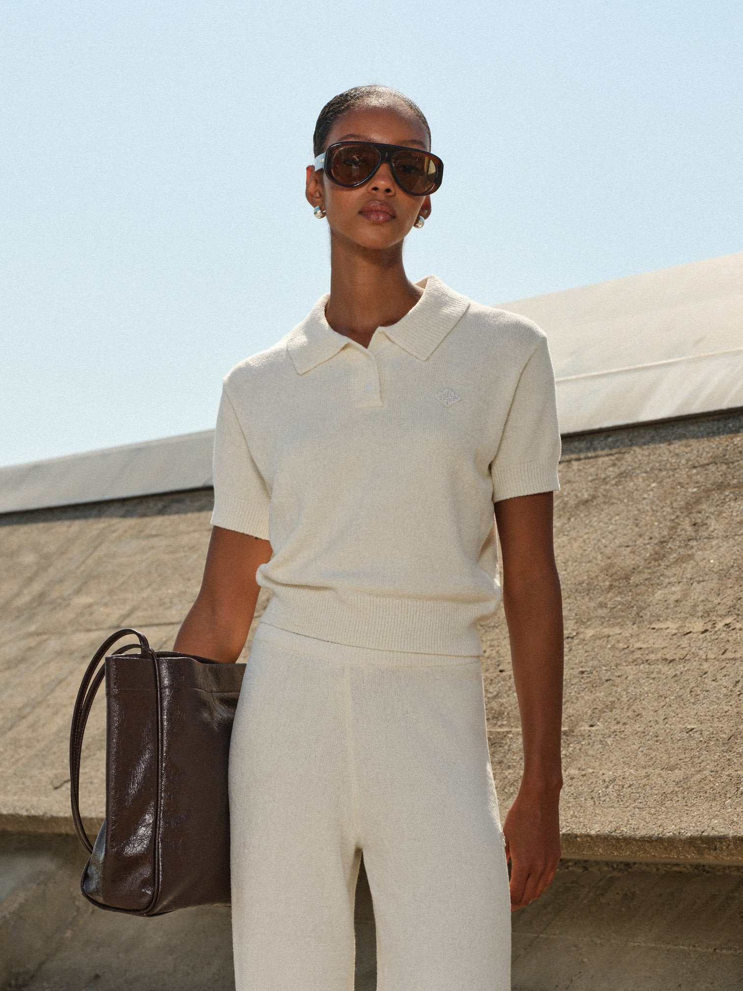 TOWELLING OPEN COLLAR T-SHIRT - WHITE | The Couture Club