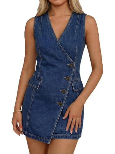 BISUAL Denim Dress for Women Sleeveless V Neck A-Line Casual Summer Button Down Wrap Mini Jean Dress Dark Blue | Amazon (US)