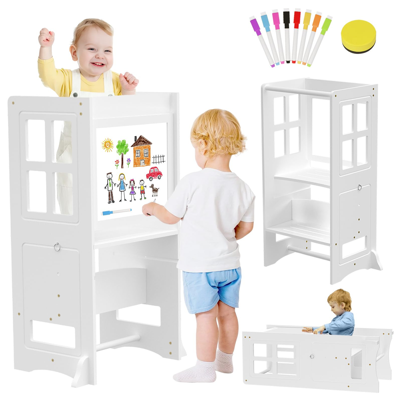 4 in 1 Toddler Kitchen Stool Helper Tower, Adjustable-Height Toddler Step Stool with Double-Sided... | Amazon (US)