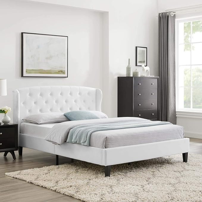 Modway Penelope Tufted Performance Velvet Wingback Platform Queen Bed in White | Amazon (US)