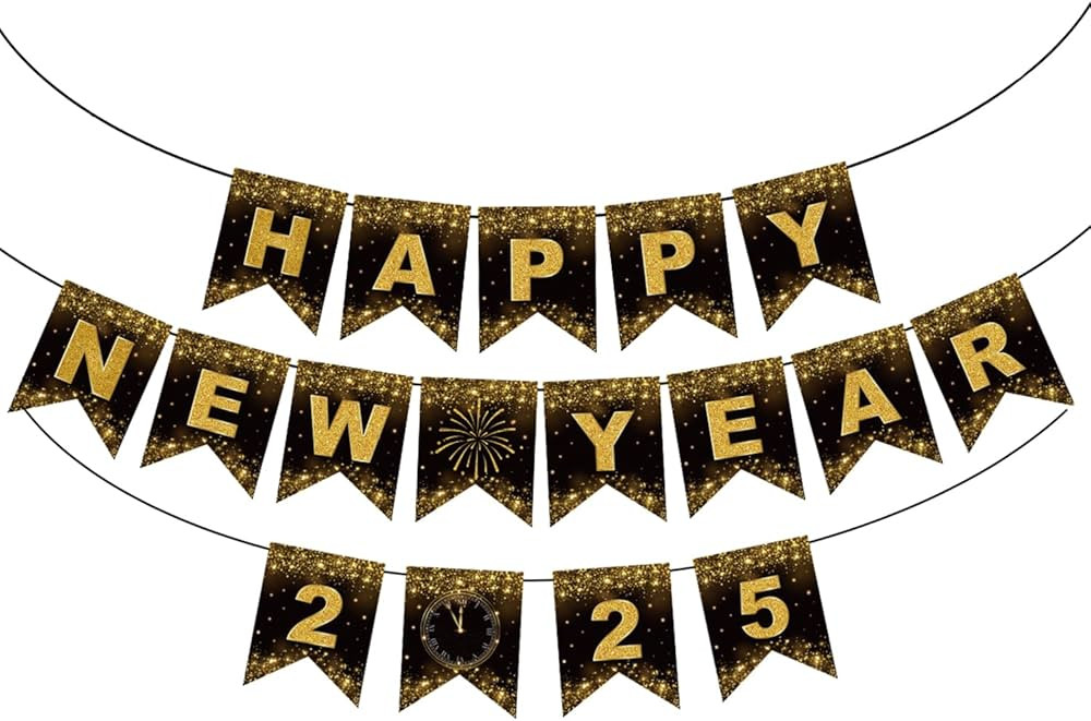 Happy New Year Decorations Banner 2025 – Pre-Assembled Black and Gold Glitter Party Garland, Fe... | Amazon (US)