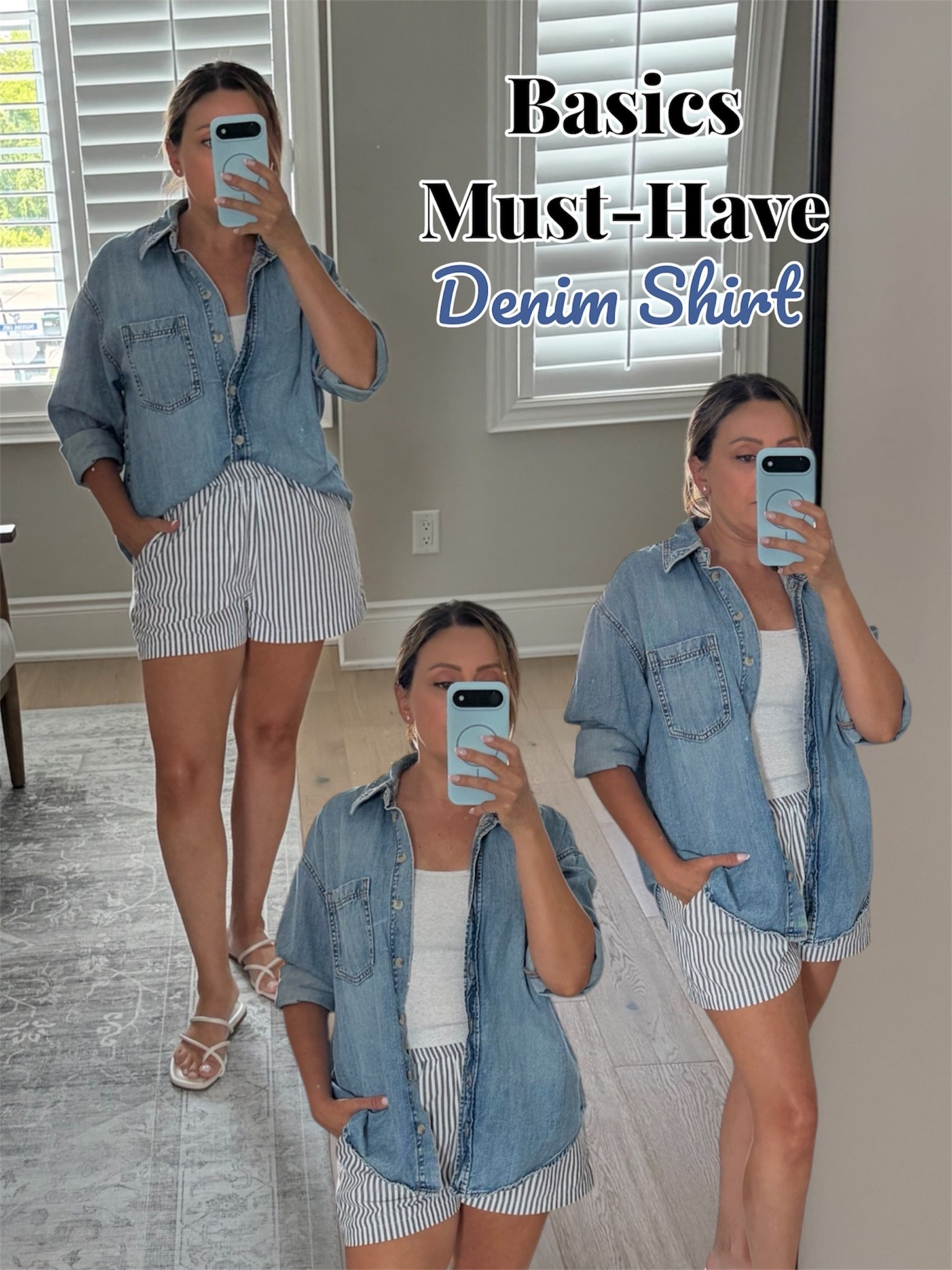 Denim shirt is a versatile staple piece that doesn’t go out of style! Everyone should have one in their wardrobe! 
Denim shirt: size xs
Shorts are from Amazon: size small
Tank: small

#LTKstyletip #LTKcanada #LTKpetite