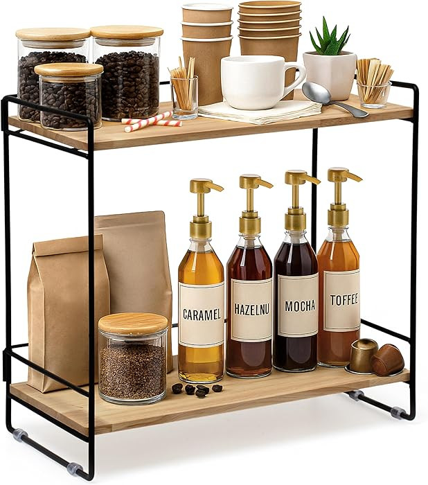 Wooden Coffee Bar Rack – 2-Tier Countertop Coffee Organizer with Detachable Back Rails – Mini... | Amazon (US)