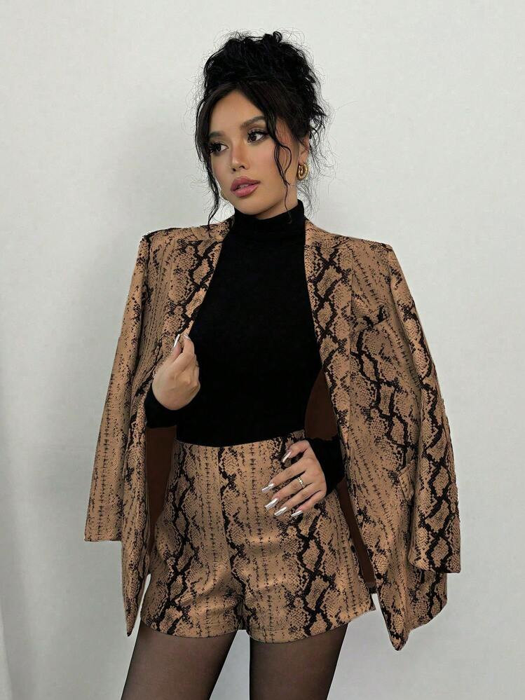 SHEIN Raffinéa Women's Fashion Snake Skin Print Suit Jacket And Shorts Set | SHEIN
