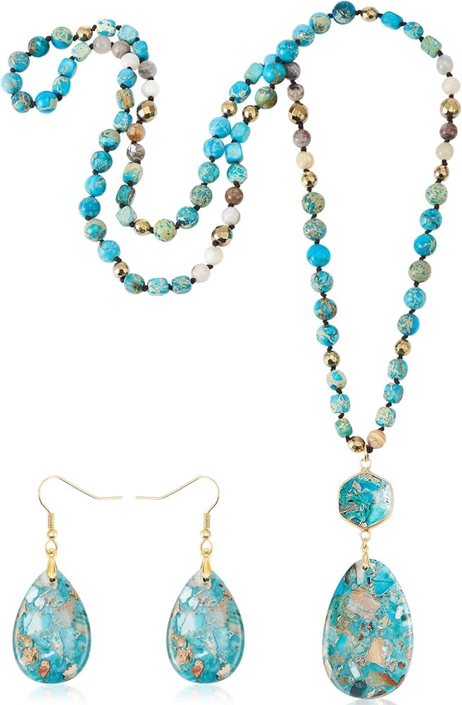 Turquoise Jewelry Set Turquoise Long Beaded Necklaces and Earrings for Women Boho Natural Stone I... | Amazon (US)
