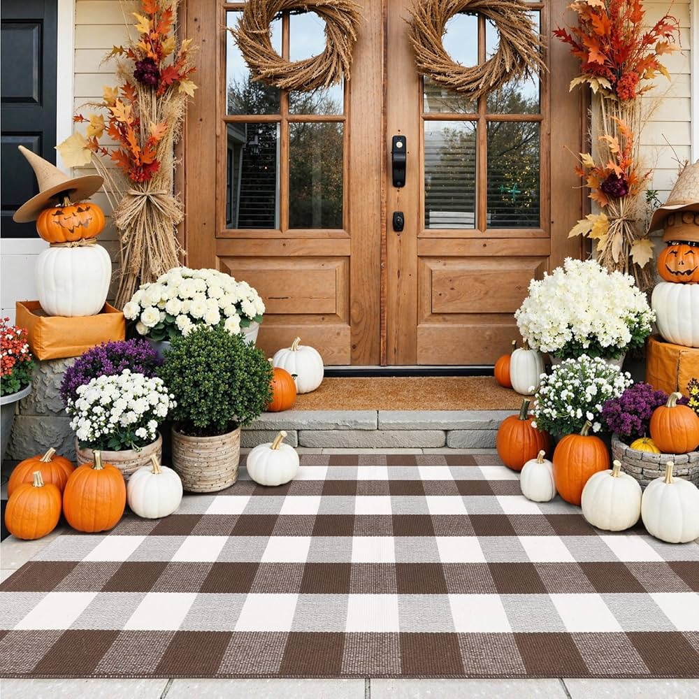 KIMODE Fall Decor Buffalo Plaid Outdoor Rug 3'x5' Brown and White Checkered Rug Farmhouse Cotton ... | Amazon (US)