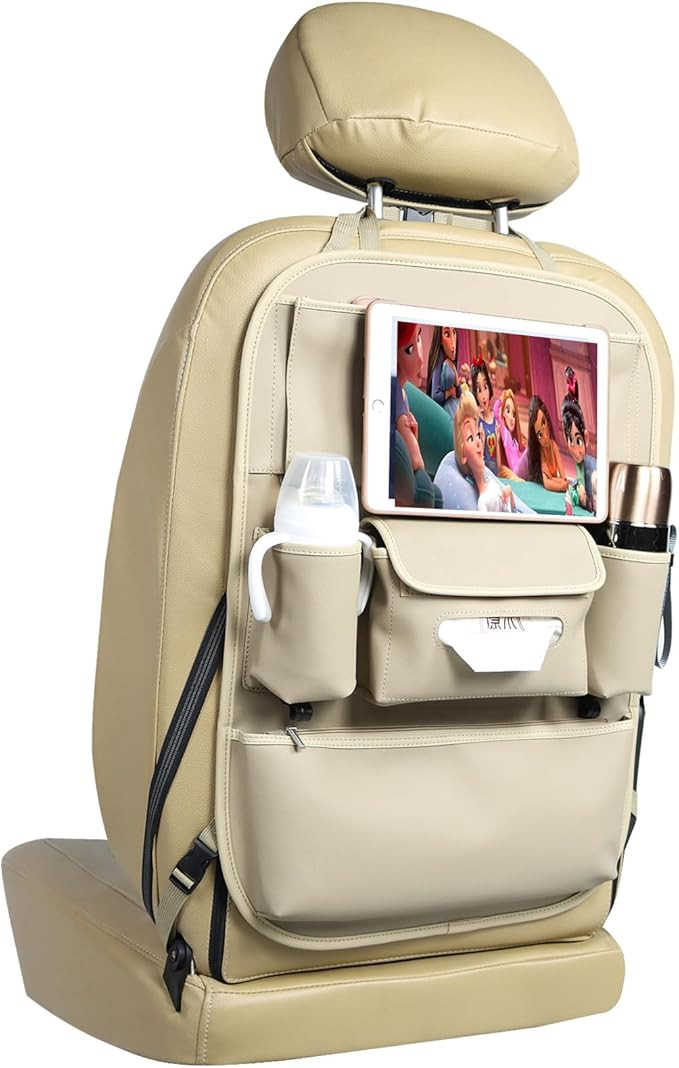 Large Leather Car Seat Organizers Backseat Protector Kick Mats Beige | Amazon (US)