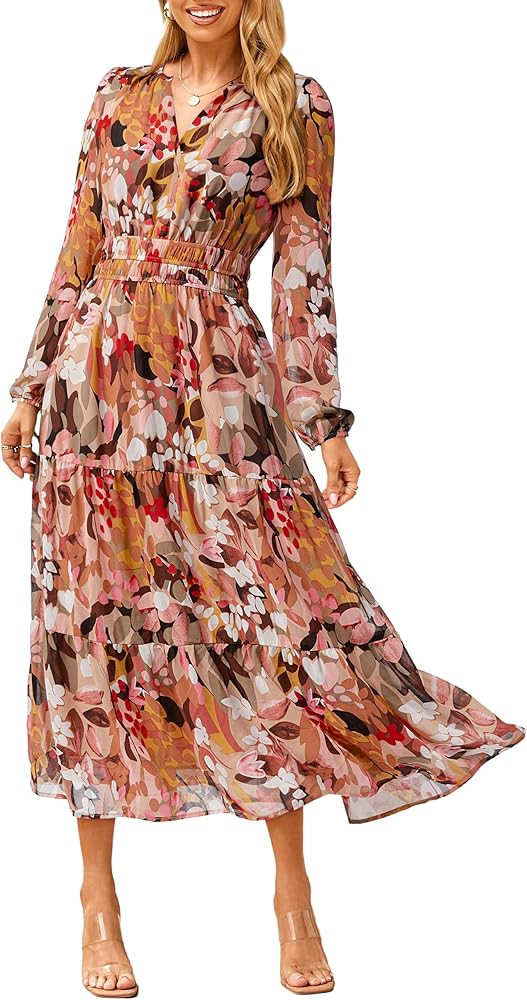 Simplee Women's Floral Boho Long Sleeve Maxi Dress V Neck Empire Waist Swing Flowy Wedding Guest ... | Amazon (US)
