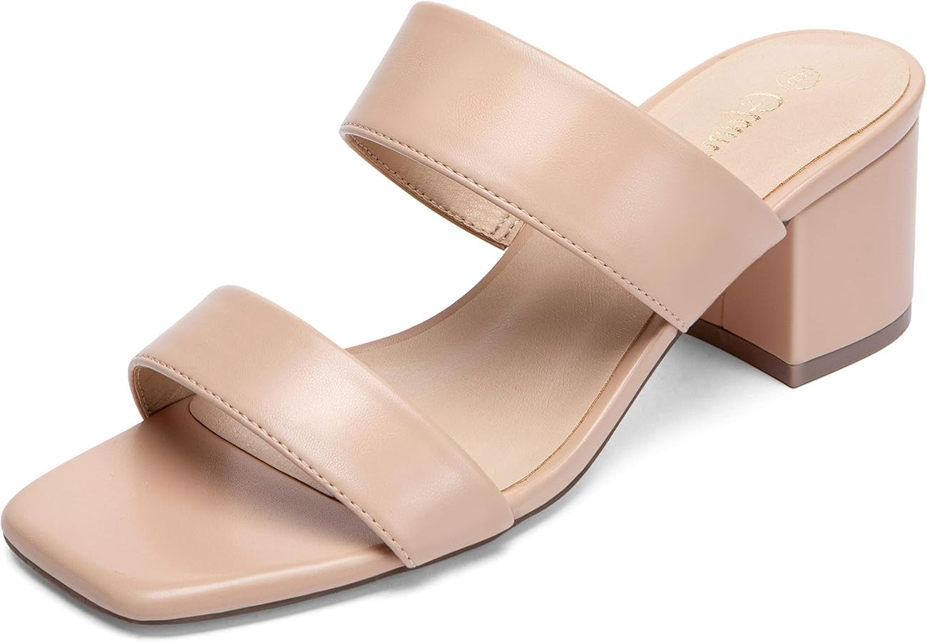 Women's Wide Width Heeled Sandals Two Strap Square Open Toe Dressy Slides 2 Inch Low Chunky Block... | Amazon (US)