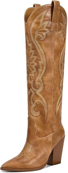 ISNOM Womens Cowboy Knee High Boots Cowgirl Boots Western Boots with Embroidered Pointed Toe Chun... | Amazon (US)