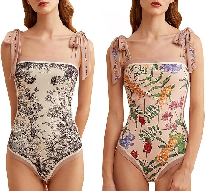 Women Floral One Piece Swimsuits, Square Neck Reversible Tie Shoulder Monokini, Tummy Control Bat... | Amazon (US)