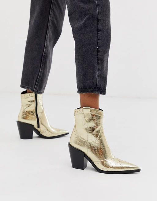 Truffle Collection pointed western boot in gold croc | ASOS US