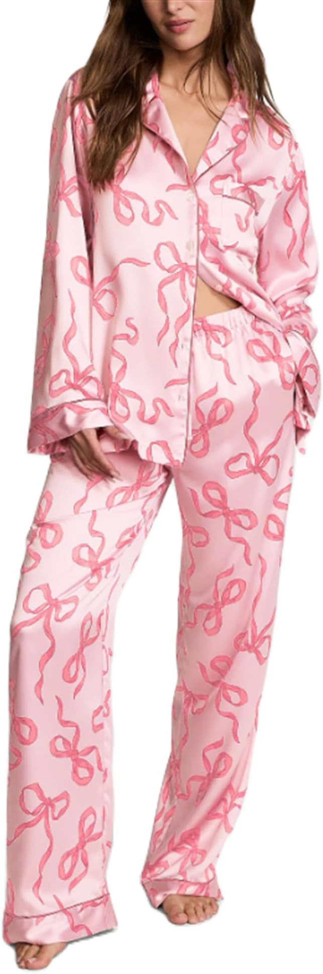 Yuemengxuan Valentine's Day Bow Pajamas for Women 2 Piece Sain Silk Pj Set Long Sleeve Bow Knot L... | Amazon (US)
