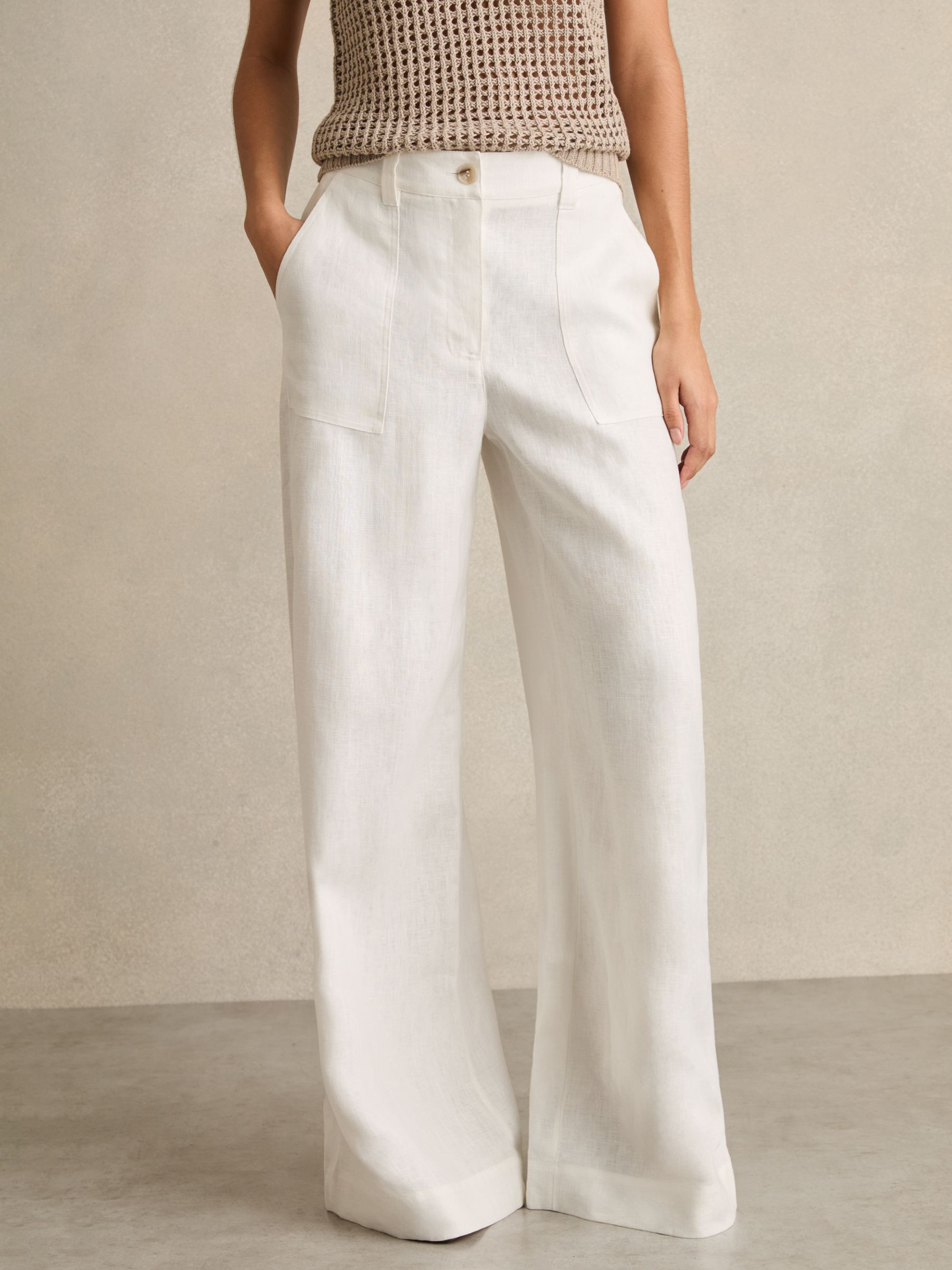 Reiss Linen Wide-Leg Trousers in White | REISS | Reiss DE
