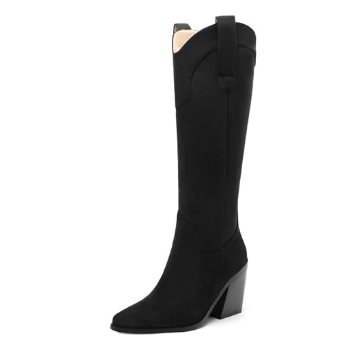 DEMOSHINE Black Suede Western Cowboy Cowgirl Knee High Boots for Women Chunky High Heel Pointed Toe Pull on Long Boots Elegant Classic Comfortable Tall Boots 3.6 Inch Size 9.5 | Amazon (US)