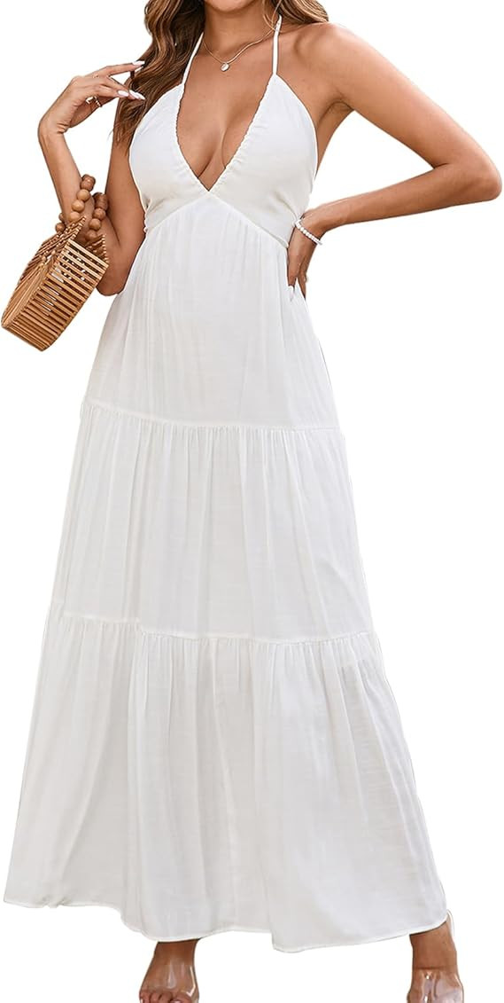 GLNEGE Summer Maxi Beach Dress Boho Halter V Neck Backless Bow Dresses Flowy Trendy Ruffle Sundre... | Amazon (US)