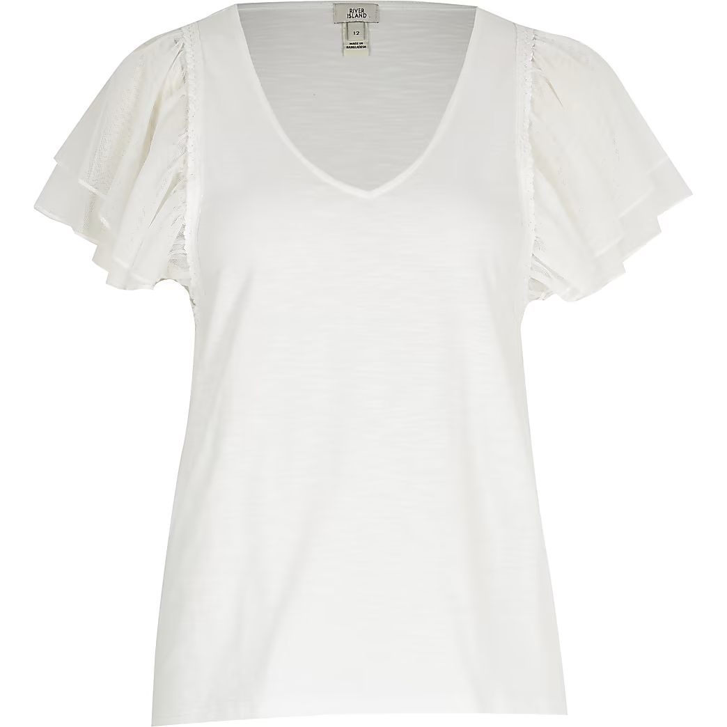 White mesh frill short sleeve V neck T-shirt | River Island (UK & IE)