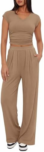 BTFBM Womens 2 Piece Outfits Spring 2026 V Neck Cap Sleeve Ruched Top Wide Leg Pants Sets Rib Kni... | Amazon (US)