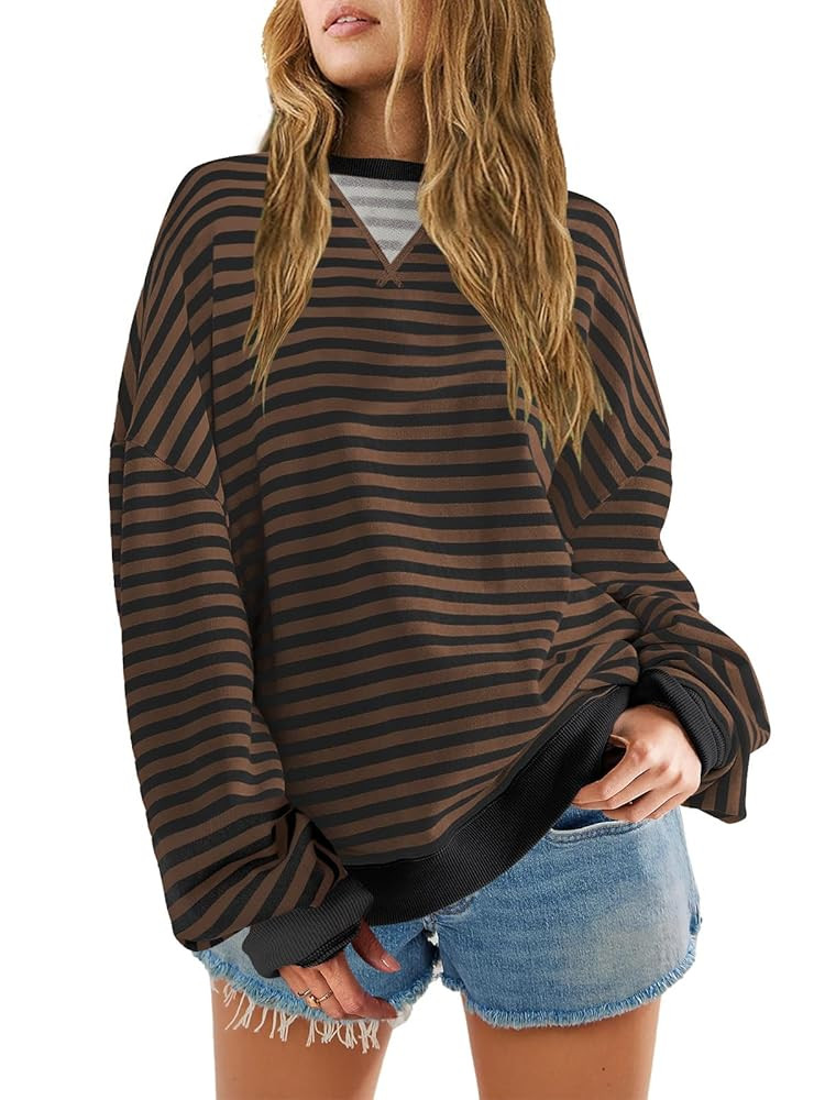 SENSERISE Womens Oversized Classic Striped Crewneck Sweatshirts Long Sleeve Color Block Shirts Ca... | Amazon (US)