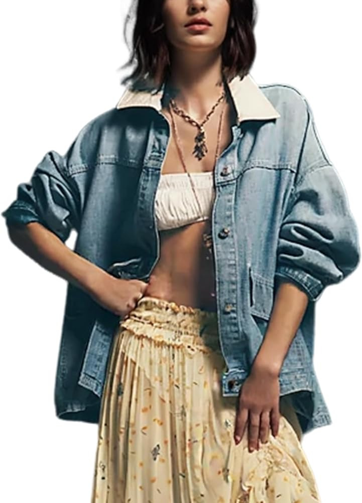Yeokou Women Oversize Denim Jacket Casual Button Down Jean Coat Long Sleeve Shacket Outfit with P... | Amazon (US)