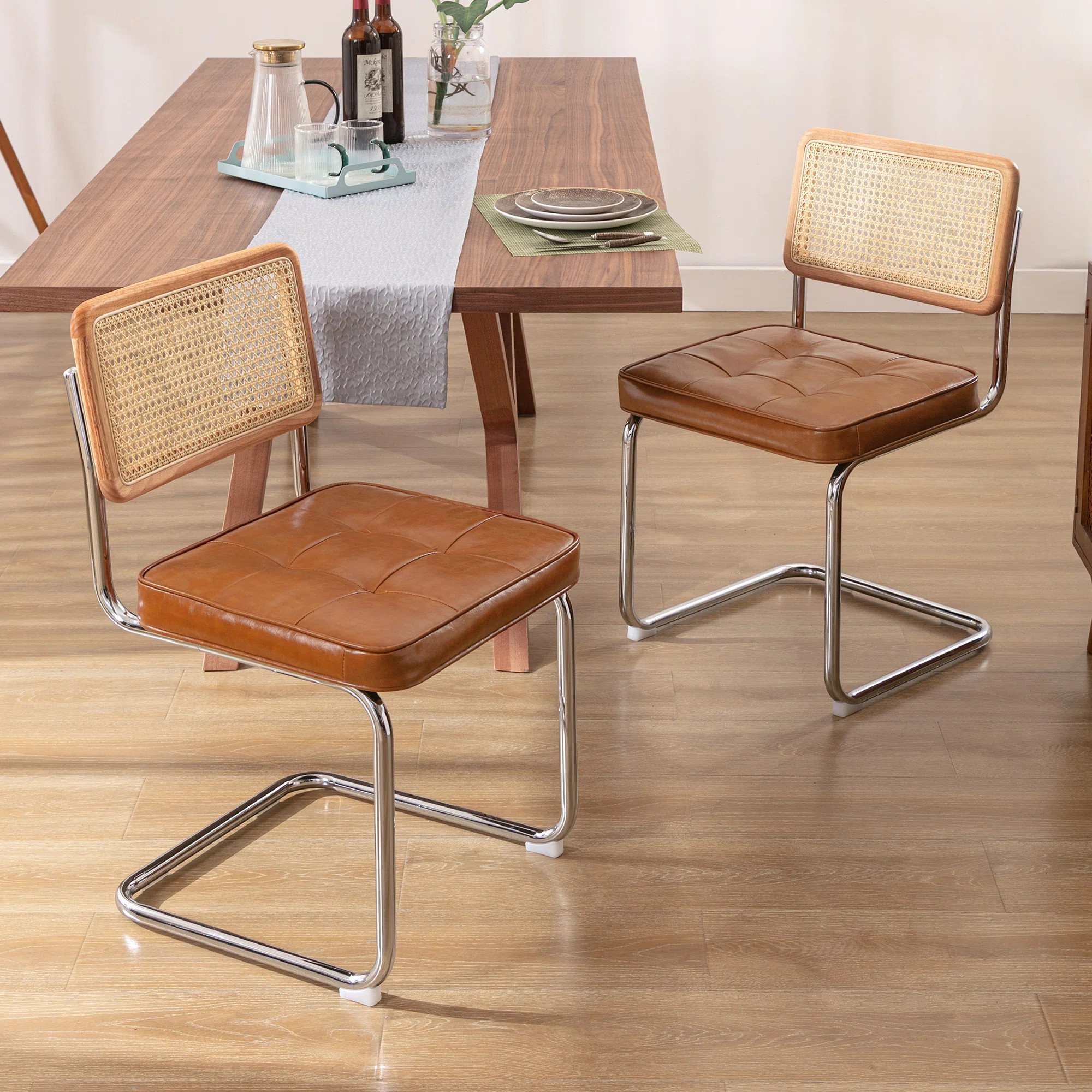 Aveon 19.1'' H Mid-Century Modern Tufted Leather Cantilever Dining Chair with Chrome Frame and Ca... | Wayfair North America