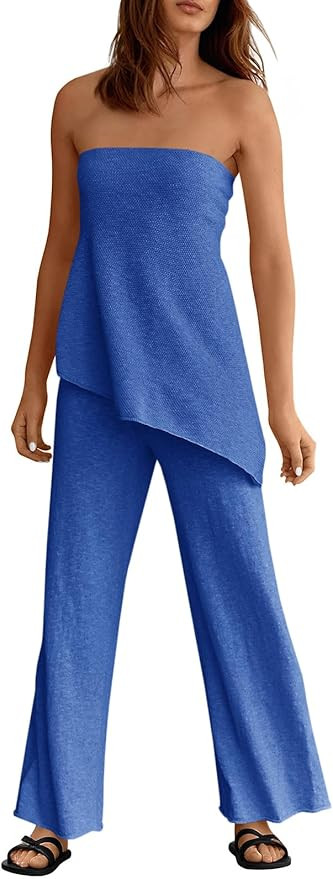Tankaneo Womens 2 Piece Outfits Asymmetrical Tube Top Wide Leg Pants Knit Vacation Travel 2026 Ma... | Amazon (US)
